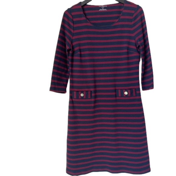 Talbots 100% Cotton 3/4 Sleeve Stripped Dress Featuring Gold Button - Picture 1 of 9